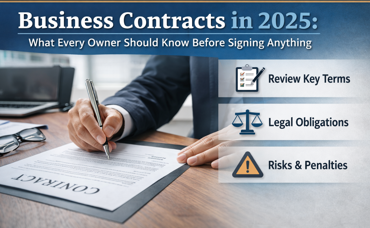 Business owner reviewing a vendor agreement contract before signing in 2025
