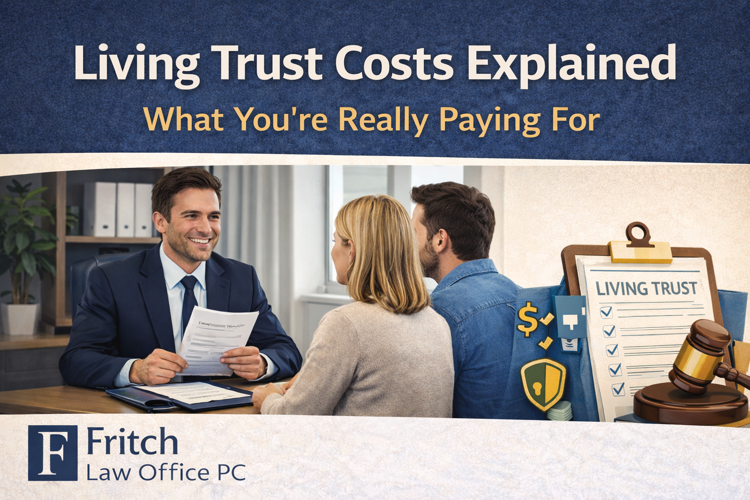Living trust cost guide showing attorney consultation and estate planning documents