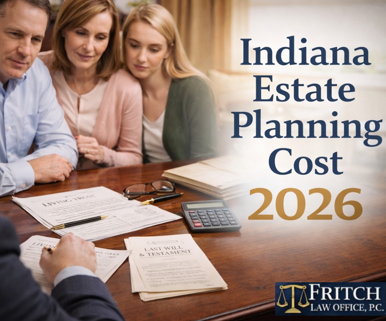 Indiana family reviewing estate planning cost options with attorney documents.