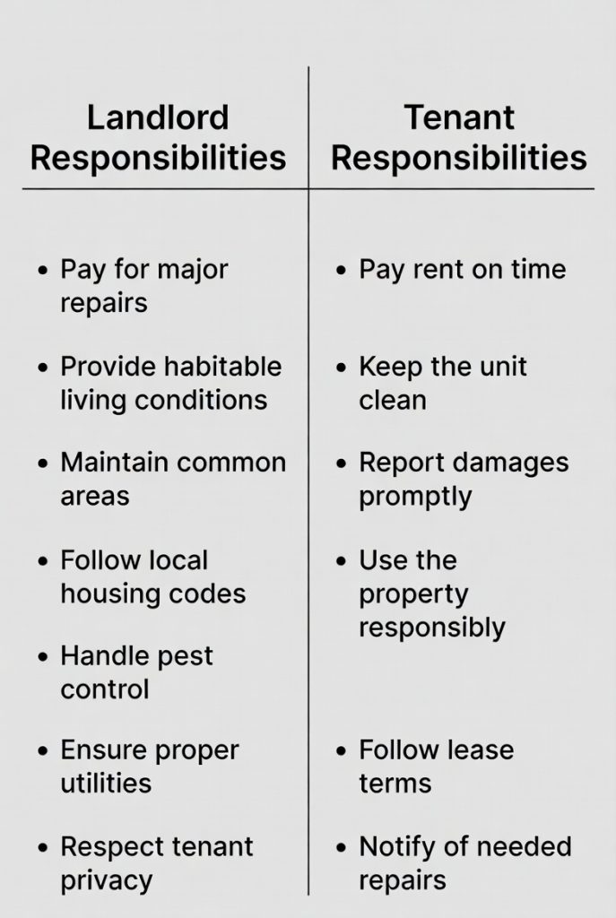 Side-by-side comparison chart of landlord responsibilities and tenant duties in Indiana rental law, showing landlord obligations like delivering safe habitable premises, maintaining common areas, complying with housing codes, and providing working utilities/appliances; versus tenant duties like paying rent on time, keeping the unit clean, reporting needed repairs, and complying with health codes.