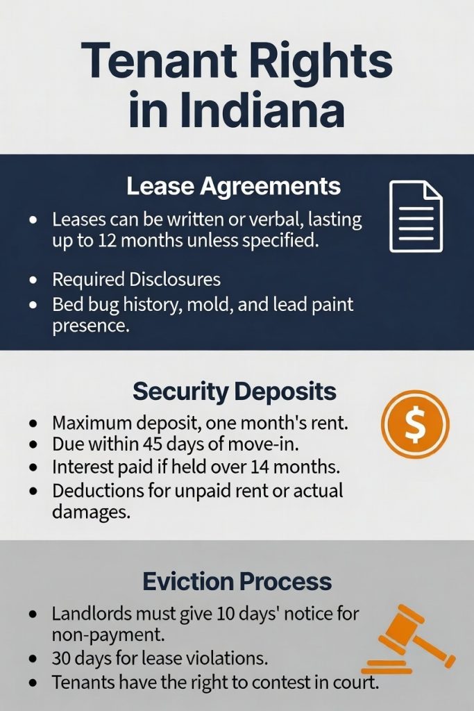 Infographic summarizing key tenant rights in Indiana, including lease agreements (written or verbal up to 12 months), required disclosures like bed bugs/mold/lead paint, security deposits (max one month's rent common, returned within 45 days with itemized deductions for damages or unpaid rent), and eviction process (10-day notice for non-payment, 30 days for violations, right to contest in court).