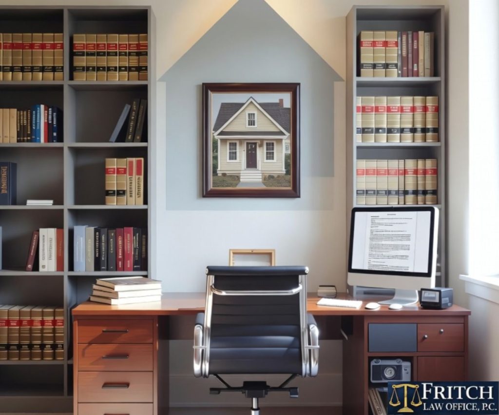 Modern home-based attorney workspace at Fritch Law Office, displaying family law books, framed certificates, and a computer screen with child support guidelines, symbolizing personalized legal support for Indiana families facing custody or support adjustments