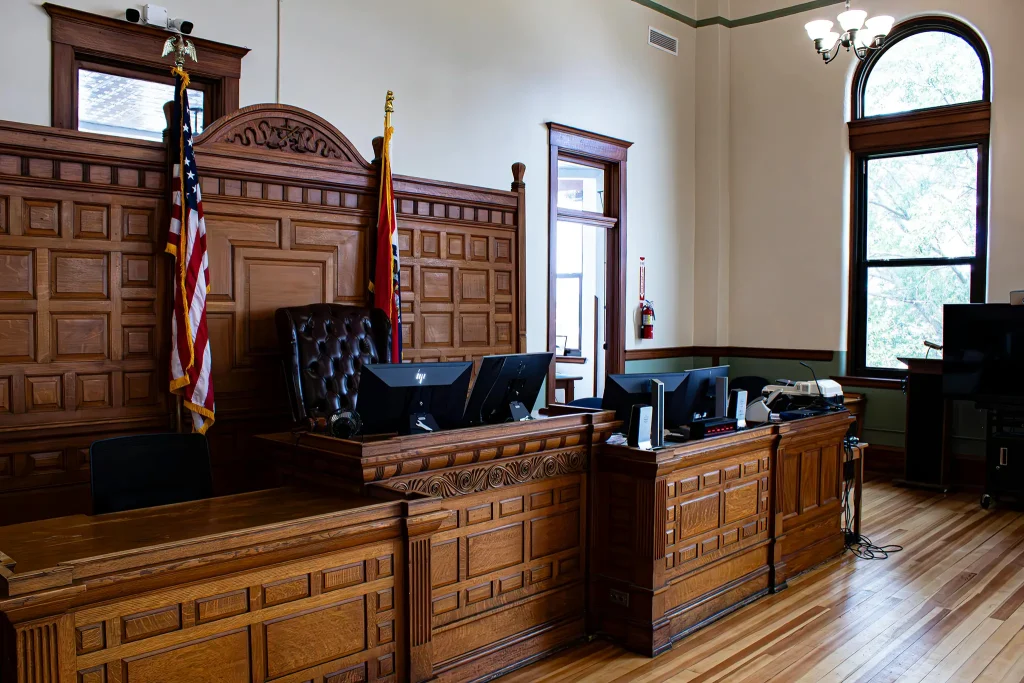 Featured image: Indiana probate courtroom judge bench and wooden interior for 2026 probate guide – Fritch Law Office