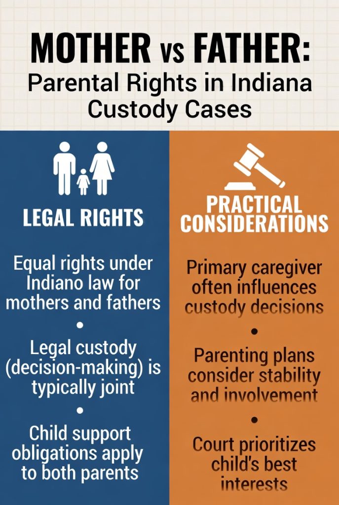 Infographic comparing parental rights in Indiana child custody cases: Equal legal rights for mothers and fathers under state law on the left (blue section) including joint legal custody and child support obligations; practical factors that influence court decisions on the right (orange section) such as primary caregiver role, stability, involvement, and the child's best interests. Features family and gavel icons for visual clarity.