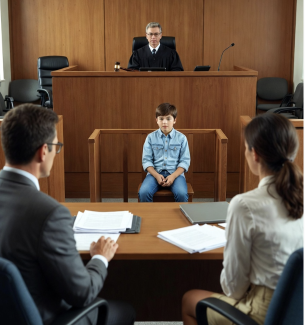 A pre-teen boy in jeans and a denim shirt sits alone on a wooden chair in the center of an Indiana family courtroom, facing a judge at the bench during a child custody hearing. Attorneys are seated at tables on either side, with paperwork visible.