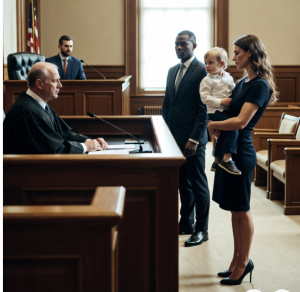 A pre-teen boy in jeans and a denim shirt sits alone on a wooden chair in the center of an Indiana family courtroom, facing a judge at the bench during a child custody hearing. Attorneys are seated at tables on either side, with paperwork visible.